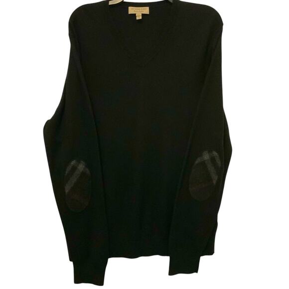 Burberry Elbow Patch Sweater Cotton Cashmere Vneck Black Men XXL - Picture 2 of 9
